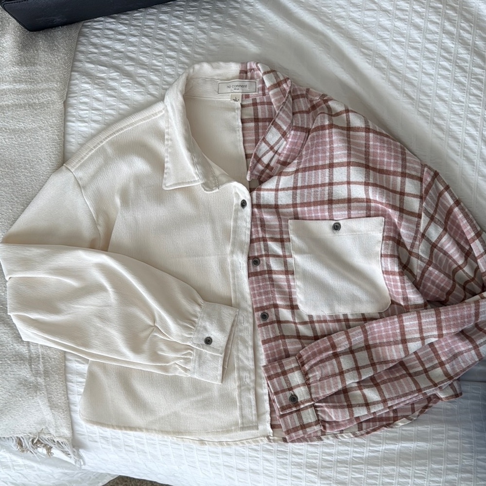 Two-Tone Plaid and Cream Button-Up Shirt